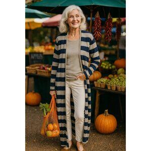 Garnet Hill Chevron Print Long Duster Cardigan Navy Blue & Grey size Medium